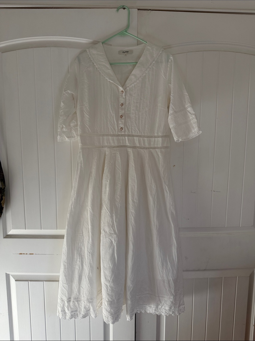 White Cotton Eyelet Midi Dress with Button Front